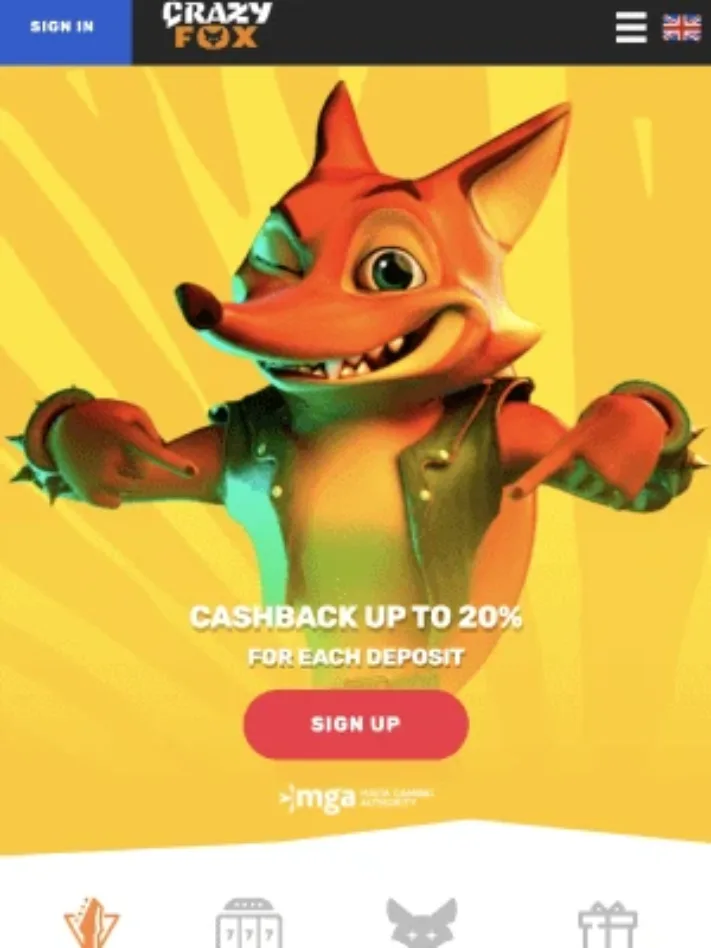 Crazy Fox Casino homepage on mobile