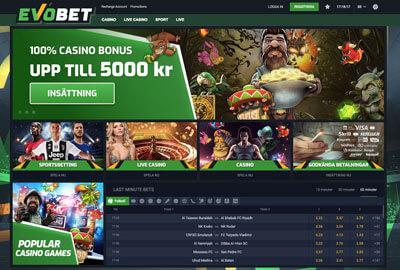 Evobet Casino skärmdump av hemsida