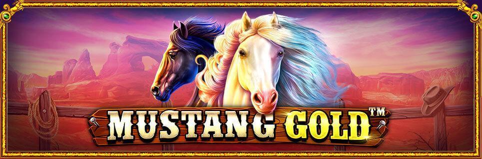 Mustang Gold banner featuring black and white horses in front of American West landscape.