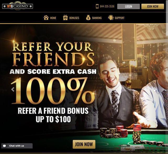 MYBCasino homepage image featuring promotion details and picture of friends at casino table.