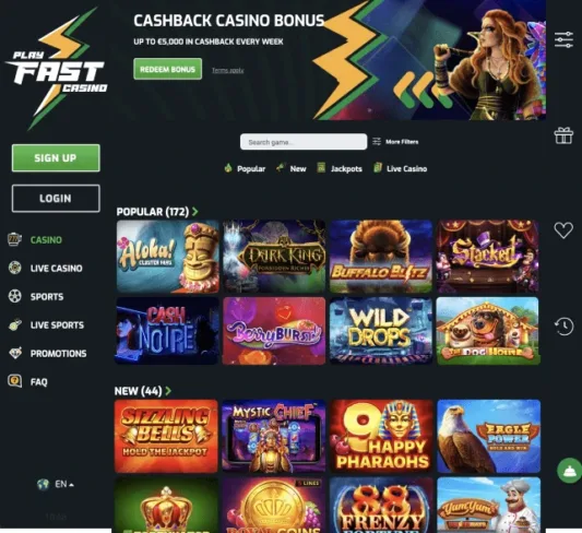 Play Fast Casino homepage