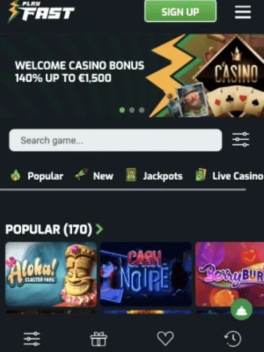 Play Fast Casino homepage on mobile