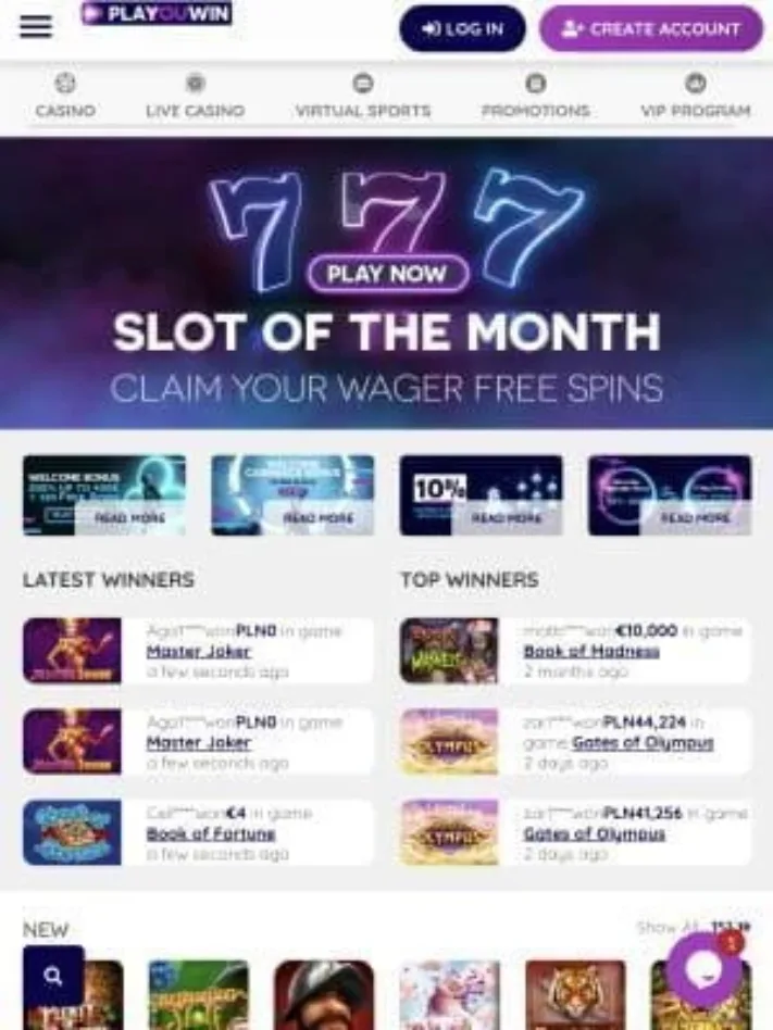 Playouwin Casino homepage on mobile