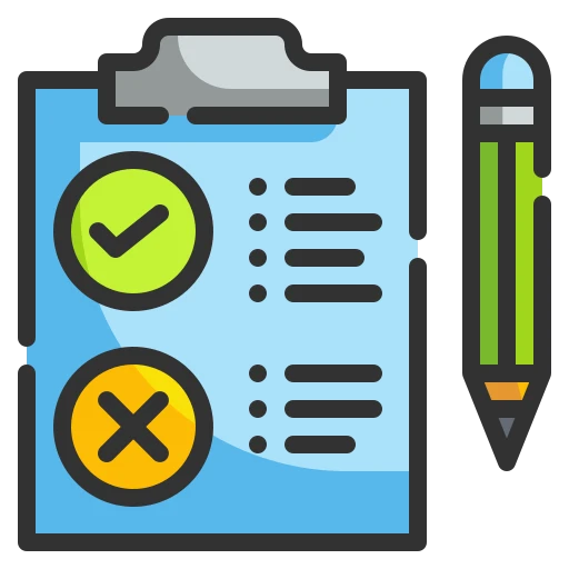 a pencil and notepad with a tick and cross on it, showing a bullet point list. 