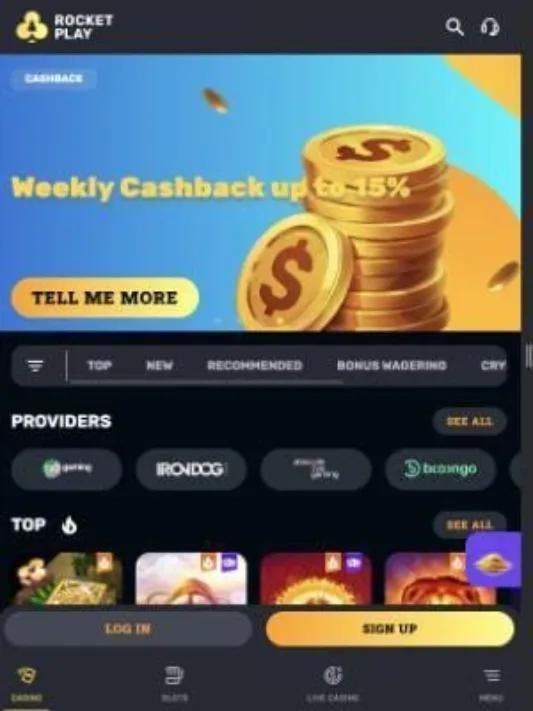 RocketPlay Casino homepage on mobile