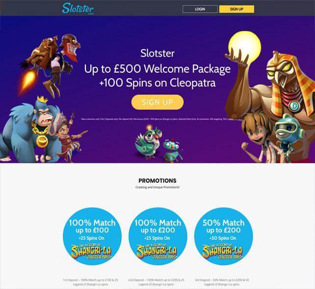 Image of Slotster homepage featuring cartoon images and details of promotions.