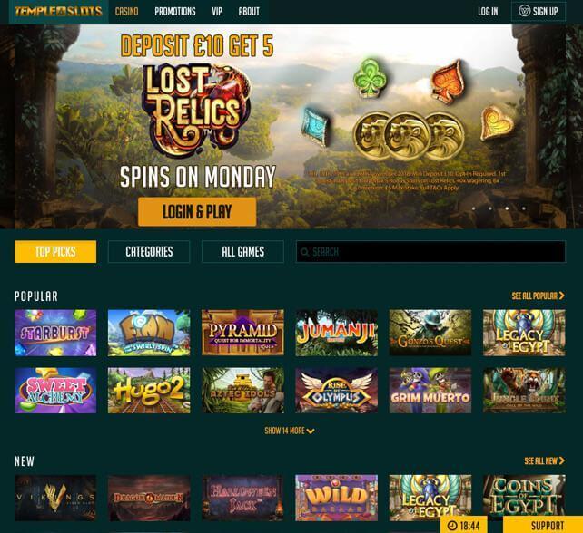 Temple Slots Casino Homepage Screenshot