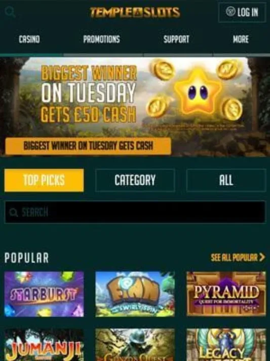 Templeslots Casino Homepage on Mobile App