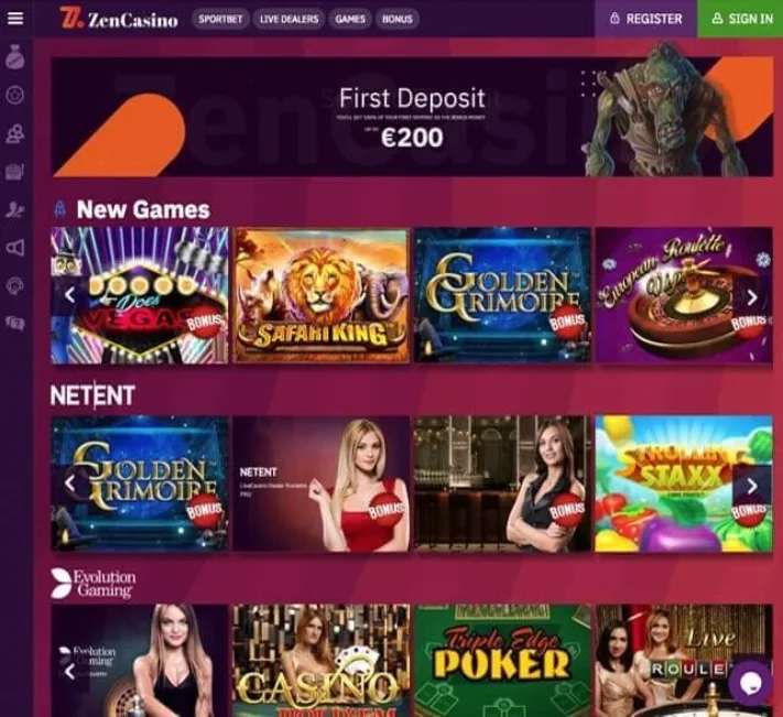 Zen Casino Homepage and Games